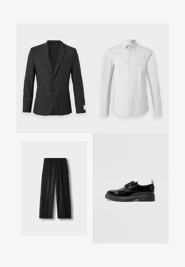 Blazer noir pour homme à deux boutons avec revers en cranté, poches à rabat sur le devant et une poche poitrine passepoilée, présenté sur un fond clair.; Chemise blanche à manches longues avec un motif subtil de petits pois, col classique et silhouette cintrée.; Pantalon large noir taille haute avec plis à l'avant, poches latérales, passants pour ceinture et fermeture par bouton sur fond gris clair.; Chaussure à lacets en cuir verni noir avec semelle en caoutchouc épaisse et tirant au talon, présentée depuis le côté intérieur sur un fond blanc.