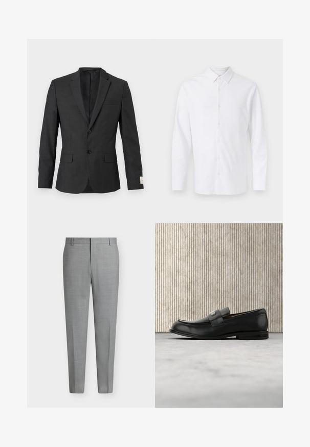 Blazer noir pour homme à deux boutons avec revers en cranté, poches à rabat sur le devant et une poche poitrine passepoilée, présenté sur un fond clair.; Chemise blanche à manches longues avec col pointu, boutons sur le devant et un logo brodé subtil sur le côté gauche de la poitrine.; Pantalon de costume gris clair sur mesure avec passants de ceinture, devant plat et coupe droite sur fond blanc.; Mocassin en cuir noir avec une plaque de marque en métal reposant près d'une table ronde marron sur un sol recouvert de moquette beige.