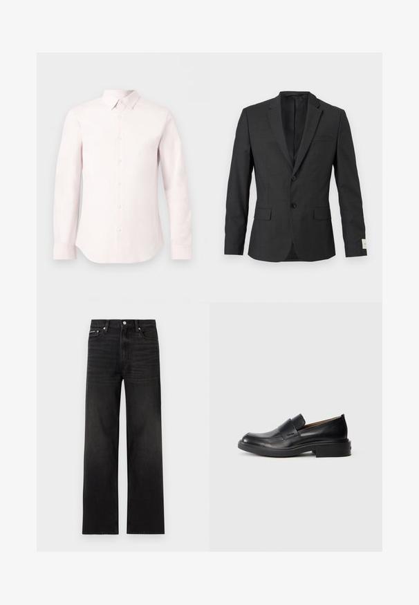 Blazer noir pour homme à deux boutons avec revers en cranté, poches à rabat sur le devant et une poche poitrine passepoilée, présenté sur un fond clair.; Chemise à manches longues rose clair avec boutons, col pointu et poignets boutonnés, présentée sur un fond blanc uni.; Jean noir droit avec cinq poches, passants pour ceinture et fermeture par bouton, présenté sur un fond blanc.; Chaussure habillée noire en cuir, à enfiler, avec un petit talon et un logo Calvin Klein discret sur le côté, présentée de profil sur un fond blanc.