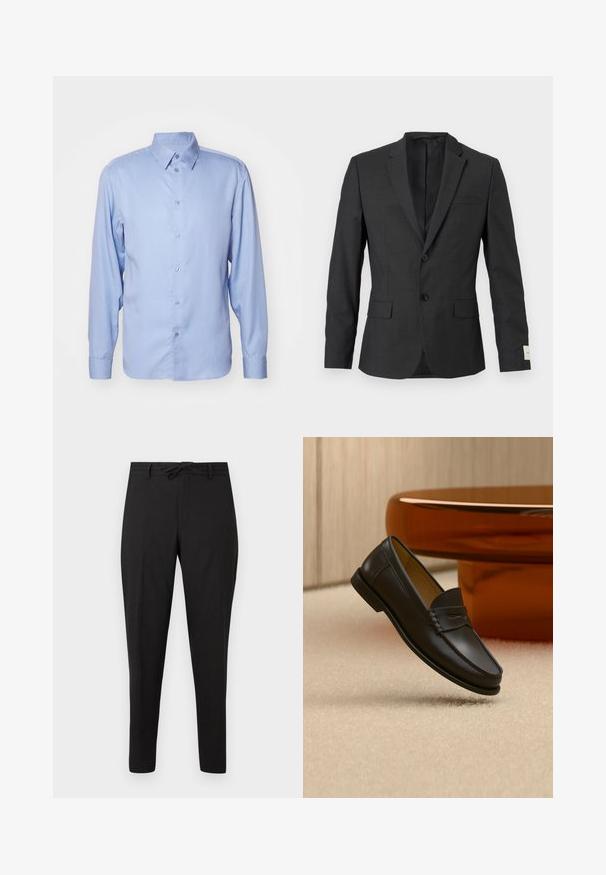 Sort herreblazer med to knapper, skråkrave, frontlommer med klapper og en brystlomme, vist mod en lys baggrund.; Lyseblå skjorte med lange ærmer lavet af glat stof, med klassisk krave, knaplukning og tætsiddende pasform med knapmanchetter.; Sorte bukser med lige ben, snøre i taljen og bæltestropper, vist mod en ensfarvet hvid baggrund.; Sort læder loafer-sko hængende over beige tæppe med ravfarvet moderne møblement i baggrunden.