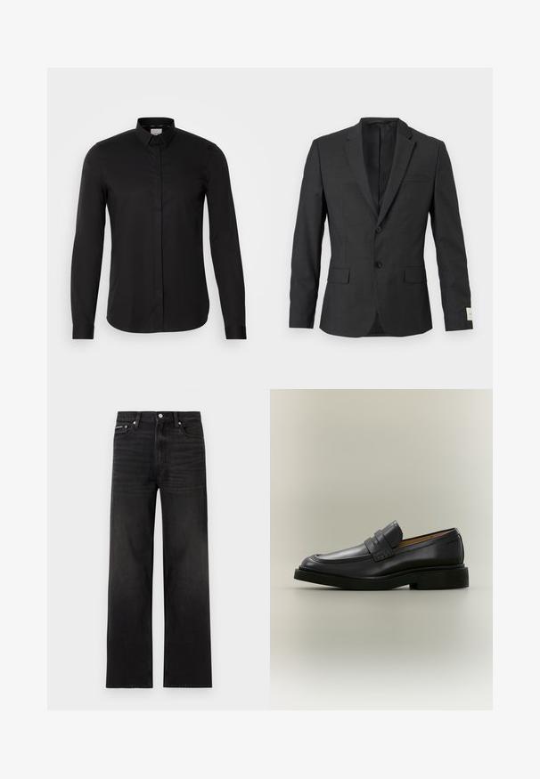 Blazer negro de hombre con dos botones, solapas con muesca, bolsillos frontales con solapa y un bolsillo de ojal en el pecho, exhibido sobre un fondo claro.; Camisa negra de manga larga hecha de tejido suave, con cuello tipo button-down, tapeta frontal y un sutil detalle del logo en el pecho.; Jeans negros de pierna recta con diseño de cinco bolsillos, presillas para cinturón y cierre de botón, mostrados sobre un fondo blanco.; Mocasín de hombre de cuero negro con tacón bajo y detalle de correa en la parte superior, mostrado de perfil sobre un fondo neutro.