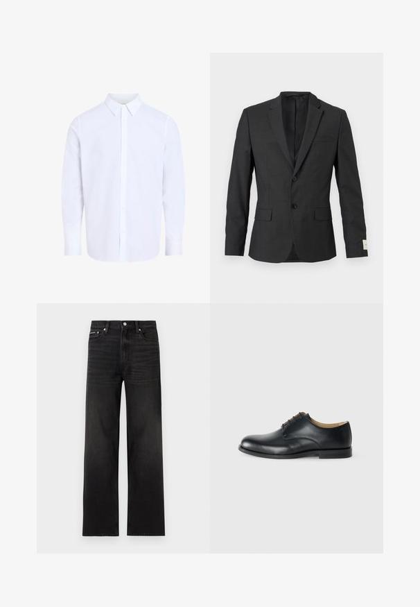 Schwarzer Herrenblazer mit zwei Knöpfen, Revers mit Kerb, vorderen Pattentaschen und einer Brustleistentasche, vor hellem Hintergrund präsentiert.; Weißes Hemd mit langen Ärmeln und klassischem Kragen, aus glattem Stoff gefertigt, mit durchgehendem Knopfleistenverschluss und abgerundetem Saum.; Schwarze Jeans mit geraden Beinen, fünf Taschen, Gürtelschlaufen und Knopfverschluss, auf weißem Hintergrund dargestellt.; Calvin Klein ESS DERBY - Schnürer - triple black