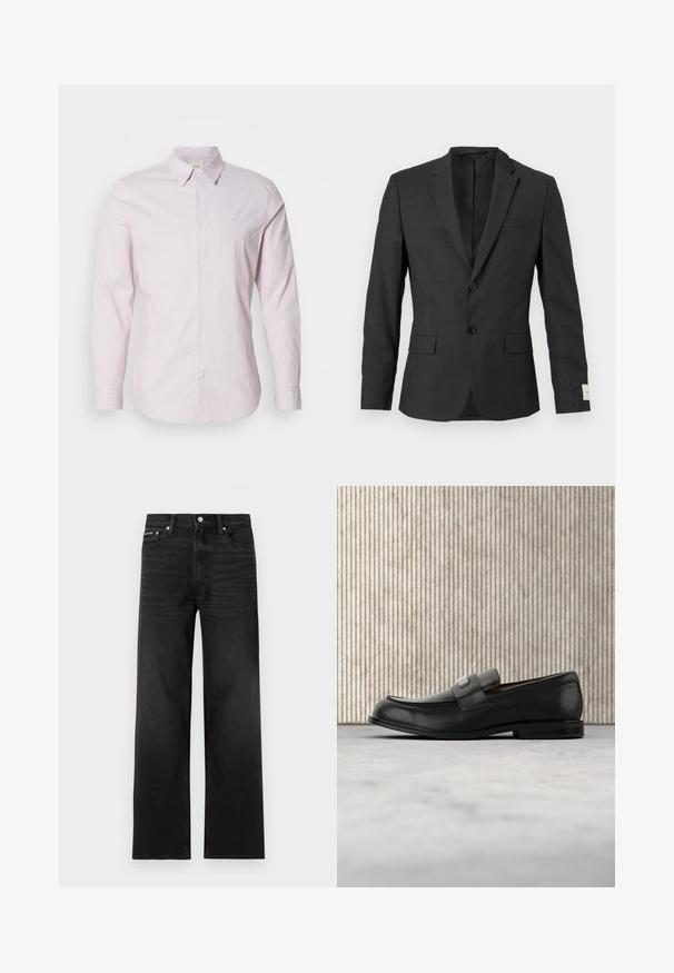 Blazer noir pour homme à deux boutons avec revers en cranté, poches à rabat sur le devant et une poche poitrine passepoilée, présenté sur un fond clair.; Chemise à manches longues rayée rose clair en coton, dotée d'un col boutonné et d'un petit logo sur la poitrine. Texture lisse.; Jean noir droit avec cinq poches, passants pour ceinture et fermeture par bouton, présenté sur un fond blanc.; Mocassin en cuir noir avec une plaque de marque en métal reposant près d'une table ronde marron sur un sol recouvert de moquette beige.