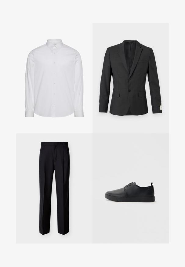 Blazer negro de hombre con dos botones, solapas con muesca, bolsillos frontales con solapa y un bolsillo de ojal en el pecho, exhibido sobre un fondo claro.; Camisa blanca de manga larga con botones, hecha de algodón. Presenta un cuello estándar, tapeta frontal con botones y dobladillo redondeado. Logo de la marca discreto.; Pantalones negros hechos a medida con corte recto, pinzas delanteras y bolsillos laterales. Elaborados con una tela suave y ligera con un patrón sólido.; Zapatilla negra de cuero con acabado suave, punta redondeada, costuras a tono, cordones en la parte delantera y suela de goma plana. Asa en el talón.