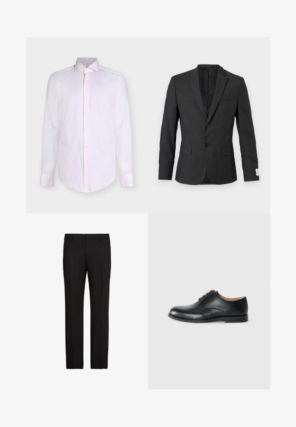 Blazer noir pour homme à deux boutons avec revers en cranté, poches à rabat sur le devant et une poche poitrine passepoilée, présenté sur un fond clair.; Chemise habillée pour homme à manches longues, rose clair, avec boutons sur le devant et col pointu sur fond blanc.; Pantalon formel noir avec passants de ceinture, pli de couture à l'avant et coupe droite, sur fond blanc.; Calvin Klein ESS DERBY - Derbies - triple black