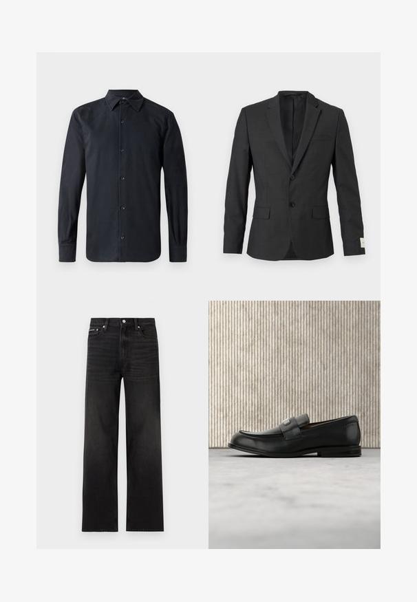 Blazer negro de hombre con dos botones, solapas con muesca, bolsillos frontales con solapa y un bolsillo de ojal en el pecho, exhibido sobre un fondo claro.; Camisa negra de manga larga con cuello estándar, cierre frontal con botones, hecha de tela suave, con corte recto y puños abotonados.; Jeans negros de pierna recta con diseño de cinco bolsillos, presillas para cinturón y cierre de botón, mostrados sobre un fondo blanco.; Mocasín de cuero negro con una placa metálica de marca apoyado cerca de una mesa redonda marrón sobre un suelo alfombrado beige.