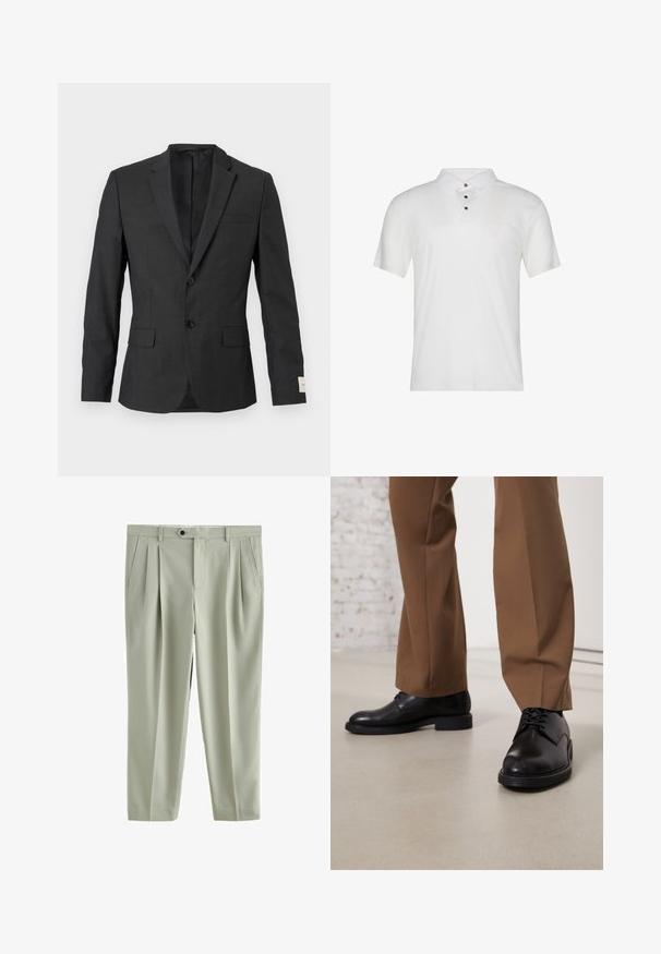 Sort herreblazer med to knapper, skråkrave, frontlommer med klapper og en brystlomme, vist mod en lys baggrund.; Hvid polo i bomuld med korte ærmer, krave og tre sorte knapper foran. Glat tekstur med minimal branding.; Lysegrå skræddersyede bukser med forkantplisser, sidelommer, knaplukning og lige ben.; Sorte læder sko med glat overflade og rund tå, der har snørebåndslukning og en lav, flad sål. Sammen med brune bukser.