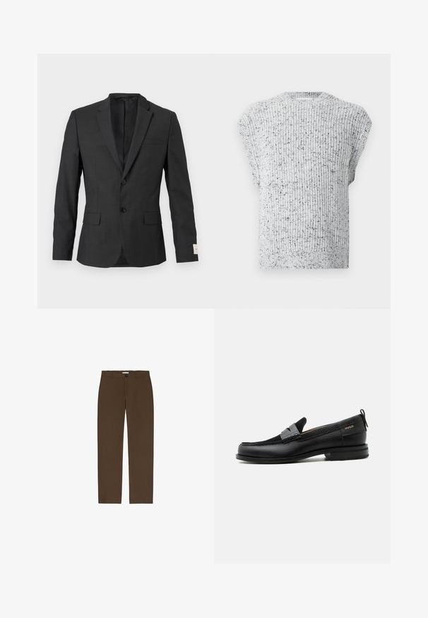 Sort herreblazer med to knapper, skråkrave, frontlommer med klapper og en brystlomme, vist mod en lys baggrund.; Strikket ærmeløs sweatervest i lys grå med sorte prikker og en ribbet rund hals og kant.; Brune, lige ben bukser lavet af tekstureret stof. Har en frontknap lukning og bæltestropper. Ingen synlige lommer eller mønstre.; Sort læderloafer med grå remdetalje, lav hæl og tekstureret sål, mærket med "HUGO" i guld på siden.