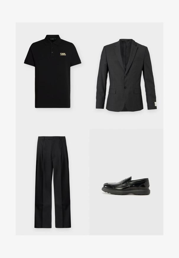 Blazer noir pour homme à deux boutons avec revers en cranté, poches à rabat sur le devant et une poche poitrine passepoilée, présenté sur un fond clair.; Polo noir à manches courtes avec col, patte à trois boutons et petit logo doré "KARL LAGERFELD" sur la poitrine gauche.; Pantalon droit noir sur mesure avec passants pour ceinture, fermeture éclair à l'avant et poches latérales sur un fond blanc uni.; Mocassin en cuir noir avec une finition brillante, bout arrondi, détails de couture subtils et semelle en caoutchouc épaisse pour la durabilité.