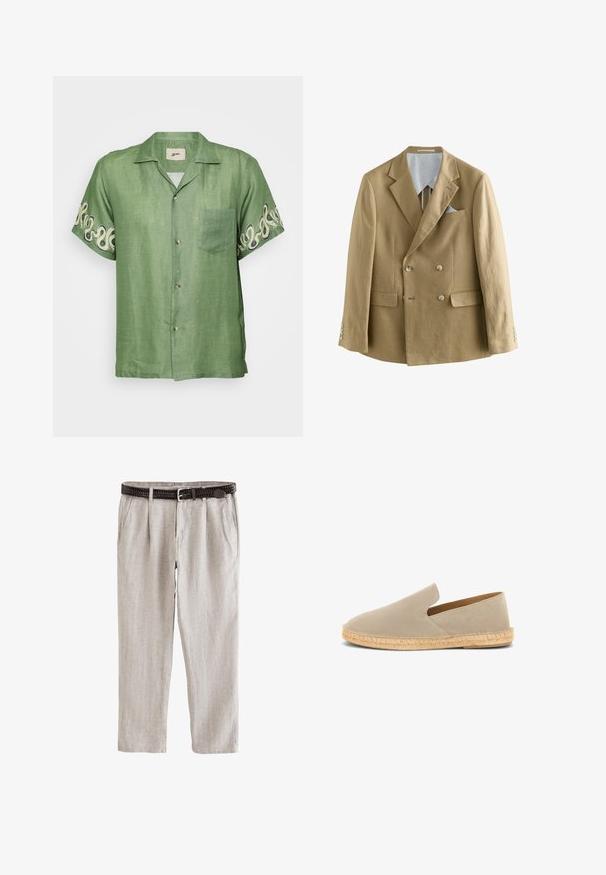 Dubbelbreasted blazer in lichtbruin linnen, met aangeknipte revers en twee voorzakken. Bevat knoopdetails en een contrasterende binnenvoering.; Korte mouwen groene linnen shirt met een knoopsluiting aan de voorkant, een opgestikt zakje en een ingewikkeld crèmekleurig spiraalpatroon op de mouwen. Lichtgewicht en ademend materiaal.; Lichtbeige linnen broek met plooien, zijzakken en een donkerbruine geweven riem met zilveren gesp.; Beige suède instap-espadrille met een zool omwikkeld met jute en een lage hak, zijaanzicht op een witte achtergrond.