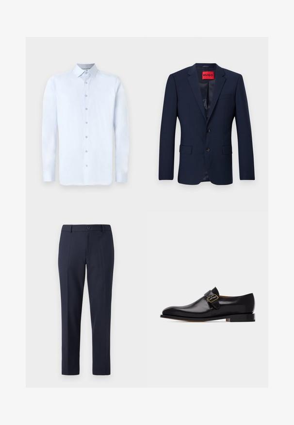Blazer marine en tissu lisse, doté d'une fermeture à deux boutons, de revers en notch et de deux poches avant. Étiquette de marque rouge à l'intérieur.; Chemise à manches longues bleu clair avec un col pointu, fermeture à boutons à l'avant et texture lisse. Présente des accents de boutons argentés sur le plastron.; Pantalon navy en tissu lisse, avec une coupe droite, des passants de ceinture et une fermeture à bouton unique à la taille.; Chaussure habillée pour homme en cuir noir avec une boucle dorée sur le côté et un petit talon empilé, vue de côté extérieur sur fond blanc.