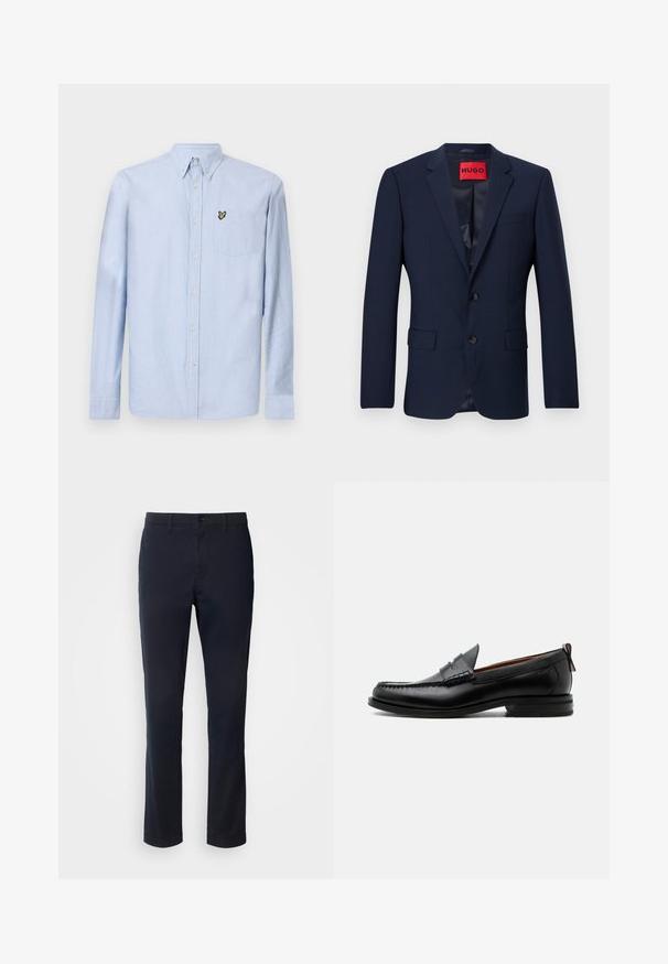Marineblazer aus glattem Stoff, mit einem Zwei-Knopf-Verschluss, Reverskragen und zwei vorderen Taschen. Rotes Markenetikett innen.; Hellblaues Langarmhemd mit Button-Down-Kragen, Brusttasche und gesticktem Logo. Hergestellt aus strukturiertem Baumwollstoff.; Marineblaue Hosen aus glattem Material mit geradem Bein, Gürtelschlaufen und einer Knopfverschluss mit Reißverschluss.; Schwarzer Leder-Herrenschuh mit Mokassinnaht, Penny-Riemen, strukturiertem Kragen und niedrigem gestapeltem Absatz auf weißem Hintergrund.