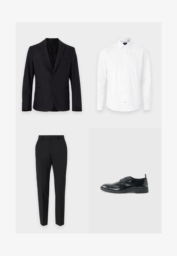 Blazer noir à design simple boutonnage, fermeture à deux boutons, revers crantés, poche avant et motif intérieur subtil. Tissu doux, coupe structurée.; Chemise blanche à manches longues en coton. Présente un col boutonné, une fermeture à boutons à l'avant avec des boutons roses, et un ourlet arrondi.; Pantalons noirs au design ajusté, avec un devant plat, des détails de plis et une coupe élégante. Fabriqués en tissu lisse pour un look raffiné.; Chaussure habillée en cuir noir brillant avec un petit talon, fermeture à lacets et bout rond, vue de côté sur un fond uni et clair.
