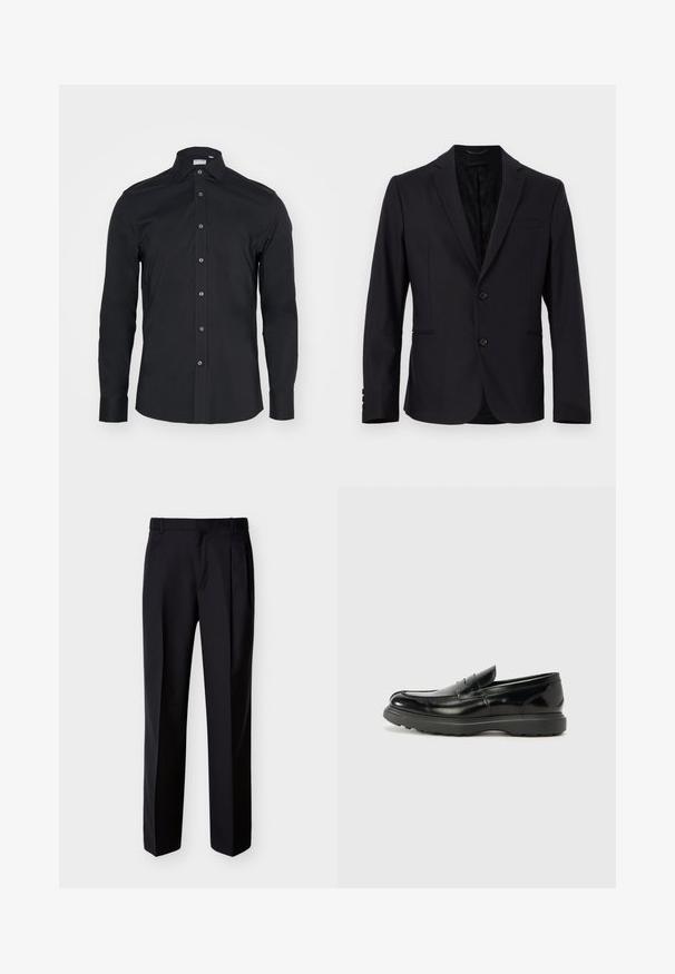 Schwarzer Blazer mit einreihigem Design, zwei-Knopf-Verschluss, Reverskragen, Vordertasche und subtilen Innenmuster. Weicher Stoff, strukturierte Passform.; Schwarze Langarm-Button-Up-Bluse mit klassischem Kragen. Hergestellt aus glattem Stoff, verfügt über Vorderknöpfe und abgerundete Manschetten.; Schwarze, maßgeschneiderte Hose mit geradem Schnitt, Falten vorne und seitlichen Taschen. Hergestellt aus einem glatten, leichten Stoff mit einfarbigem Muster.; Schwarze Lederloafer mit glanzendem Finish, abgerundetem Zehenbereich, subtilen Steppnähten und einer dicken Gummisohle für Langlebigkeit.