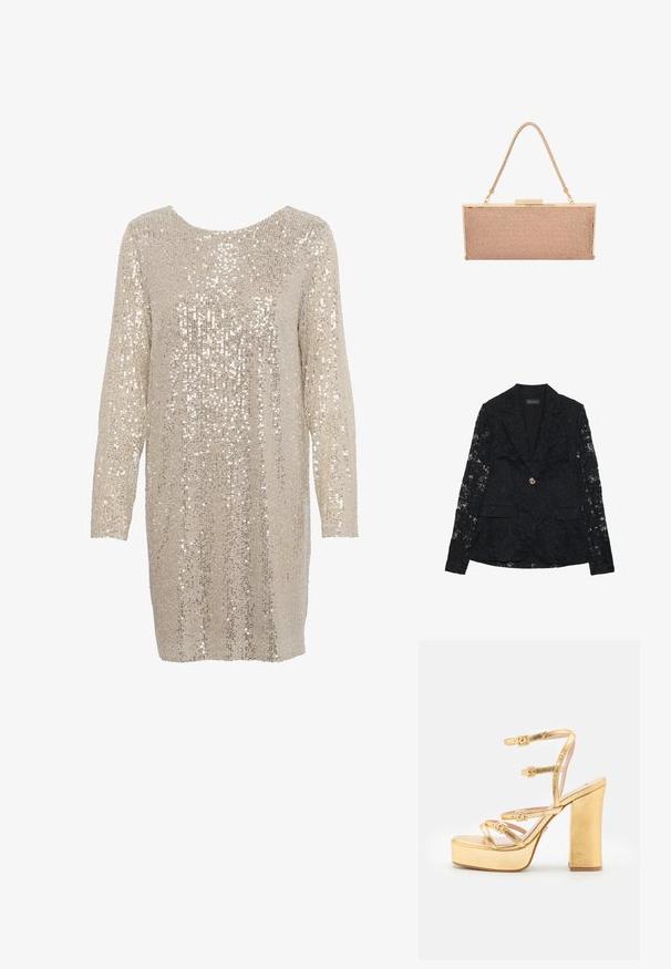 Zwarte kanten blazer met een bloemenpatroon, sluiting met één gouden knoop, twee zakken en gedetailleerde kanten mouwen. Gevoerde binnenkant.; Glinsterende jurk in lichtbeige met lange mouwen en een ronde halslijn, met een textuurpatroon van glanzende, reflecterende pailletten overal.; Gouden platform sandalen met hoge hakken, voorzien van drie verstelbare gespen. Gladde metallic afwerking, chunky vierkante hak en gevoerd voetbed.; Metalen roségouden clutch tas met een gestructureerd gaasoppervlak, goudkleurige hardware en een dunne, gevlochten schouderriem.