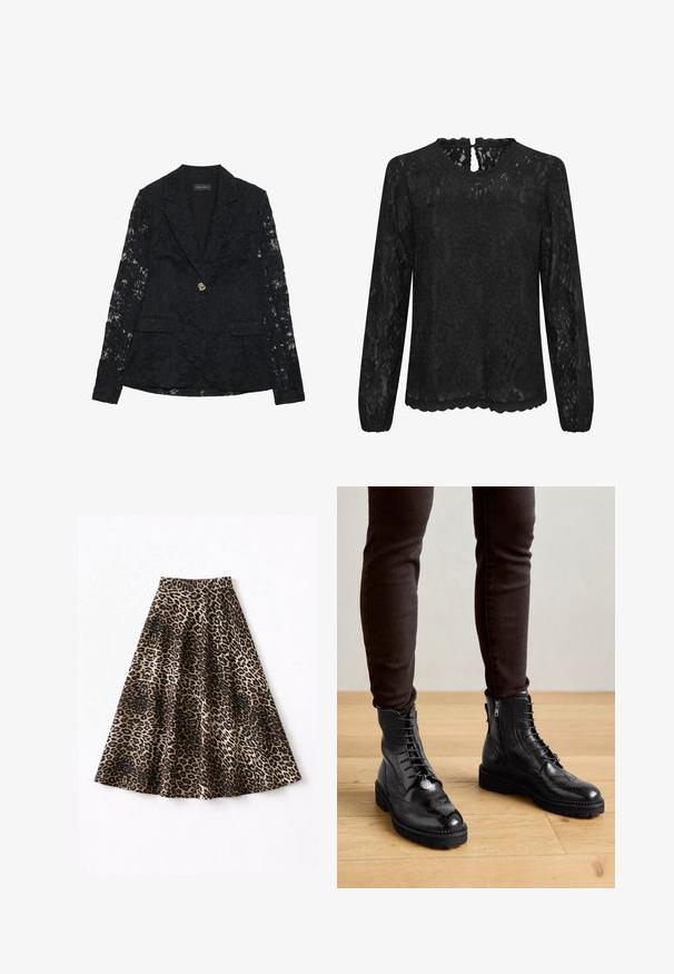 Blazer en dentelle noire avec motif floral, fermeture à un bouton doré, deux poches et manches en dentelle détaillées. Intérieur doublé.; Blouse en dentelle noire à manches longues avec un col rond, un ourlet festonné et un dos avec un détail en clé. Motif floral délicat sur l'ensemble.; Jupe midi à motif léopard en tissu doux, avec une silhouette fluide, une ceinture noire et un motif varié marron et noir.; Bottines en cuir noir avec des détails de brogue, un laçage à l'avant, des fermetures éclair sur les côtés et des semelles en caoutchouc texturé. Associées à un pantalon slim noir.