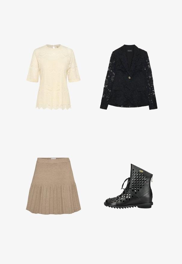 Schwarze Spitzenjacke mit floralem Muster, einreihiger Knopfverschluss mit goldenem Knopf, zwei Taschen und detaillierten Spitzenärmeln. Gefüttertes Innenfutter.; Cremefarbenes Spitzenoberteil mit kurzen Ärmeln, einem runden Halsauschnitt und gewelltem Saum, der aufwendige texturierte Muster präsentiert.; Beiger Strickrock mit tailliertem Bund und plissiertem Design ab mittlerer Länge, das eine ausgestellte Silhouette erzeugt.; Schwarzer Lederknöchelstiefel mit runden Perforationen, Schnürung vorne, Reißverschluss hinten und profillierter Sohle.
