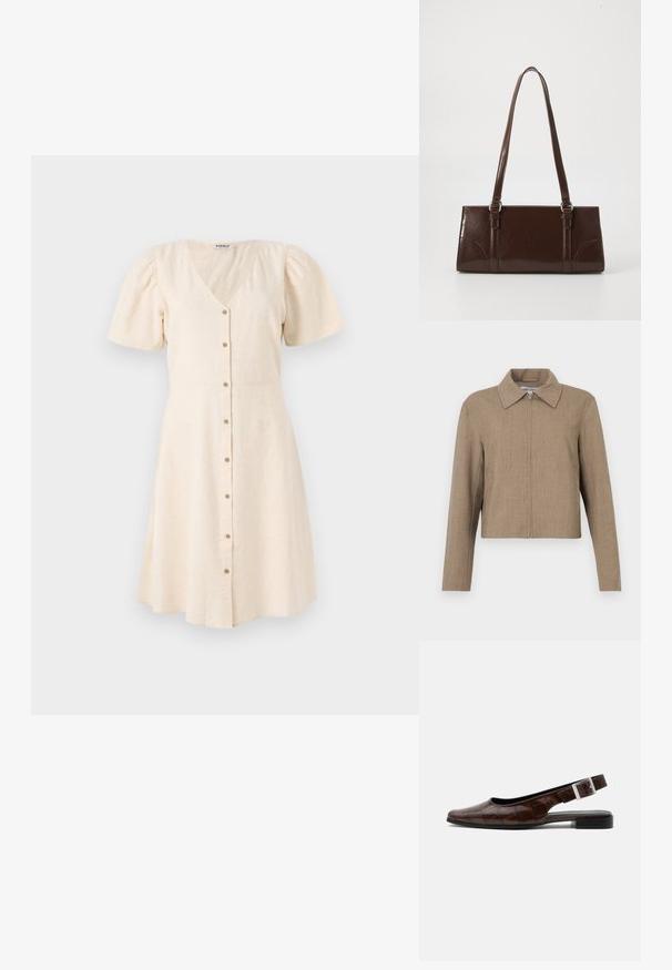 Brun cropped jakke med lynlås foran og bred krave, lange ærmer og et ensfarvet, tekstureret stof.; Lys beige kjole med V-udskæring, korte pufærmer og en udskåret nederdel. Har frontknapper og et blødt, tekstureret stof.; Mørkebrun læderslingback flad sko med firkantet tå, krokodille tekstur og sølvspænde på remmen.; Brun lakeret håndtaske med rektangulær form, to lange håndtag og subtile buede detaljer på fronten.