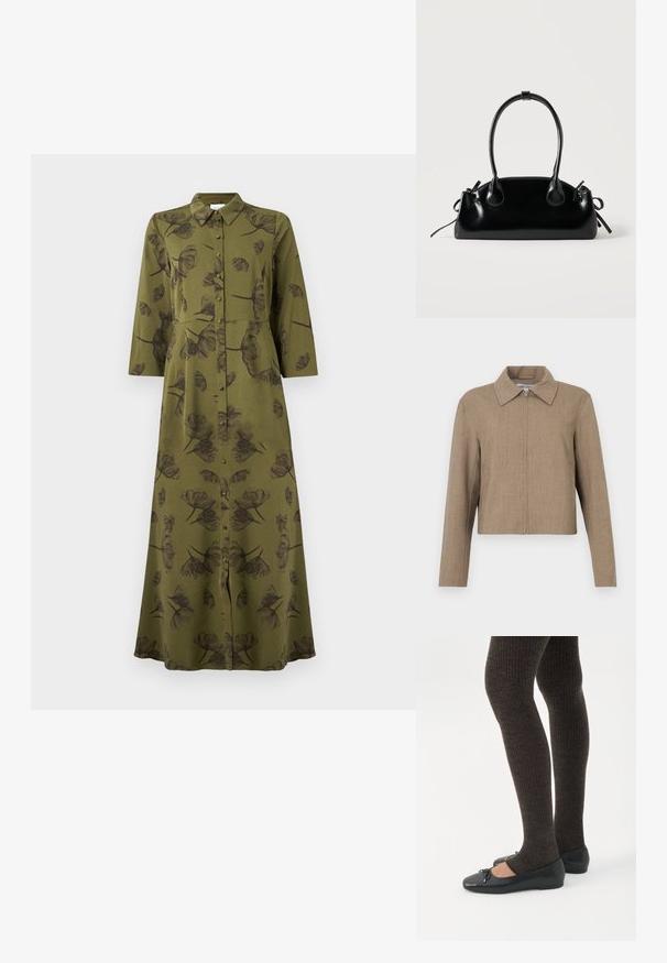 Brun cropped jakke med lynlås foran og bred krave, lange ærmer og et ensfarvet, tekstureret stof.; Oliven grøn langærmet maxikjole med sort blomsterprint, knaplukning foran og kraven halslinje.; Ben iført mørke ribbede leggings kombineret med sorte balletsko med små sløjfedetaljer på hvid baggrund.; Lille sort blank håndtaske med to lange håndtag og snøre-detaljer i siden på en ensfarvet lys baggrund.
