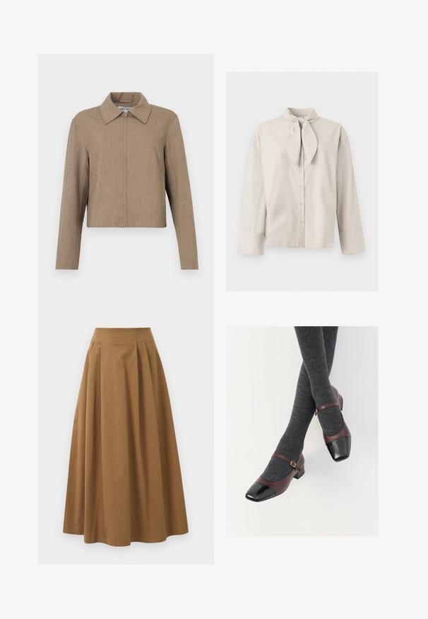 Brun cropped jakke med lynlås foran og bred krave, lange ærmer og et ensfarvet, tekstureret stof.; Beige langærmet knapbluse med bundet nakkedetalje og brede manchetter på ærmerne, vist på en ensartet lys baggrund.; Brun bomulds A-linjeet nederdel med høj talje, præget af læg foran og en glat tekstur. Endeafslutningerne er enkle og rene.; Burgunderrøde læder Mary Jane-sko med en sort laktoej og tynd ankelrem; båret med mørkegrå ribbede strømper. Lav blokhæl.