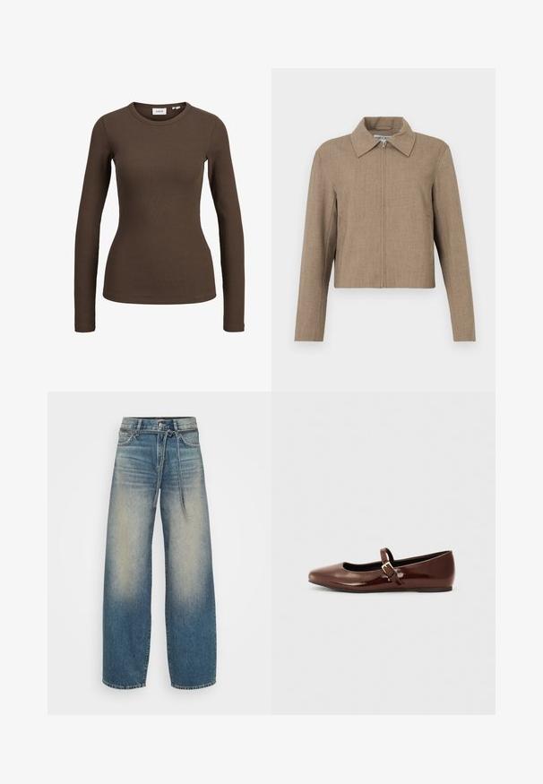 Brun cropped jakke med lynlås foran og bred krave, lange ærmer og et ensfarvet, tekstureret stof.; Brun ribbet langærmet tætsiddende skjorte med rund halsudskæring, vist på en hvid baggrund.; Lysblå bredbenede jeans med en lysvasket finish, som har en knap- og båndlukning samt et klassisk femlommers design.; Brun patentlæder balletflade med firkantet tå og strop med en lille guldbuckle. Glat tekstur, lav hæl og minimalistisk design.
