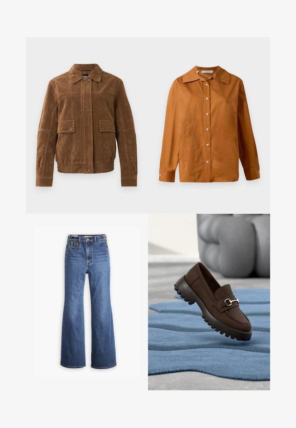 Chaqueta de ante marrón con un cuello puntiagudo, dos bolsillos frontales con solapa y botón, dobladillo elástico y cierre frontal con botones.; Camisa de manga larga, con botones, en marrón óxido, con cuello amplio y botones blancos, exhibida sobre un fondo blanco.; Pantalones vaqueros de denim azul de cintura alta con un diseño de pierna ancha, que cuentan con un bolsillo delantero, cierre de botón de bronce y costuras en contraste.; Mocasín marrón oscuro con suela gruesa estriada y detalle de pieza plateada, descansando sobre una alfombra azul texturizada con muebles acolchados grises de fondo.