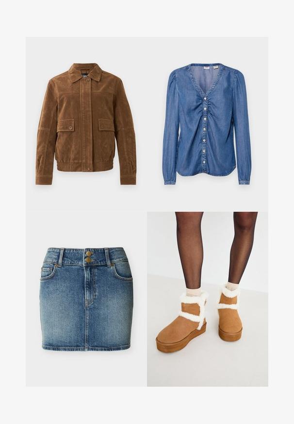Brun ruskindjakke med spids krave, to frontlommer med klap og knapper, elastisk kant og knaplukning foran.; Denimbluse, blå, V-hals med pufærmer, knaplukning foran, rynkedetaljer ved brystet, glat tekstur, buet kant.; Blå jeans mini nederdel med forlommer, bærestropper og to messingsknapper ved taljen.; Brune ruskindsankelhøje støvler med hvidt kunstpelskant og platformsål, der har et krydset stropdesign. Glat tekstur og rund tå.