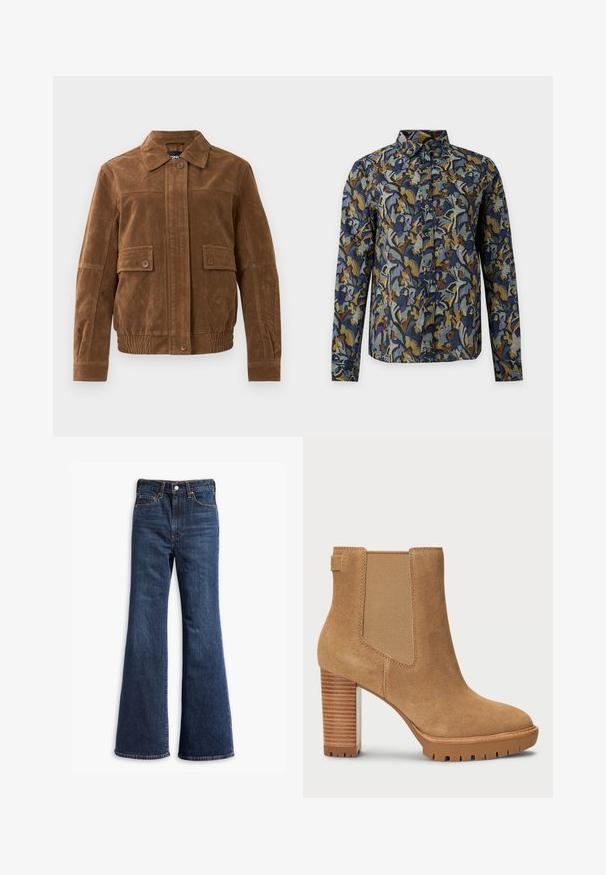 Veste en daim marron avec un col pointu, deux poches à rabat à l'avant avec des boutons, un ourlet élastiqué et une fermeture à boutons à l'avant.; Chemise à manches longues boutonnée avec un motif floral abstrait multicolore en bleu, marron et gris sur fond clair.; Jeans en denim bleu foncé taille haute avec jambes évasées, fermeture à boutons et zip à l'avant, et conception à cinq poches.; Bottine en suède beige avec un talon bloc, un panneau latéral élastique et une semelle en caoutchouc dotée d'un motif de bande de roulement pour l'adhérence.