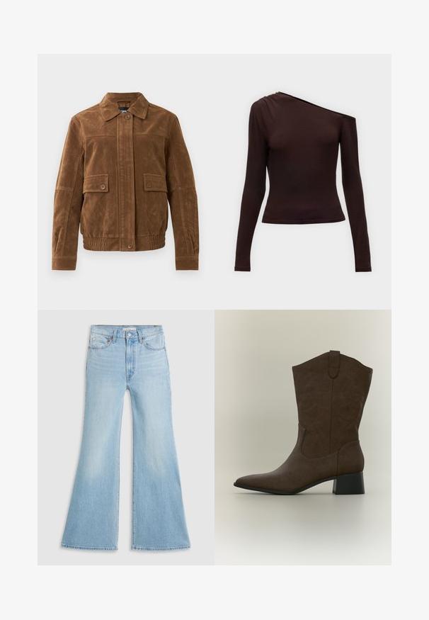 Bruine suede jas met een puntige kraag, twee frontflapzakken met knopen, elastische zoom en een knoopsluiting aan de voorkant.; Donkerbruine top met lange mouwen, één blootgestelde schouder en geplooide stofdetail aan de bedekte schouderkant.; Lichtblauwe flared jeans met een hoge taille, gemaakt van denim. Kenmerkt zich door een klassiek vijf-pocket ontwerp en een raw hem aan de mouwen.; Bruine suède westernlaars tot half hoog met een puntige neus, subtiel borduurpatroon, aantreklipje en lage blokhak op een lichte achtergrond.