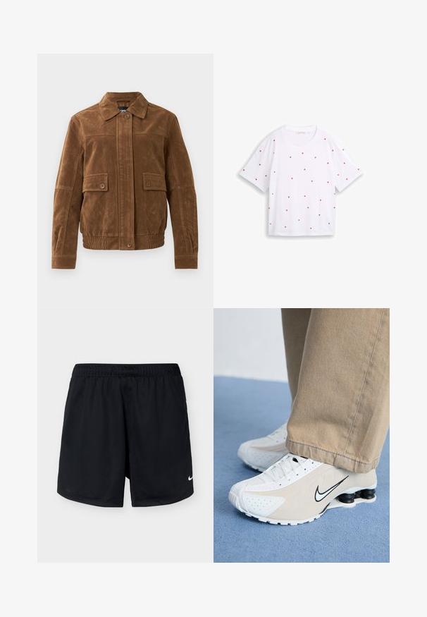 Bruine suede jas met een puntige kraag, twee frontflapzakken met knopen, elastische zoom en een knoopsluiting aan de voorkant.; Witte T-shirt met korte mouwen, kleine verspreide rode hartjespatronen, ronde hals en een losse pasvorm.; Zwarte Nike sportieve shorts met elastische tailleband en klein wit Nike-logo op het rechteronderbeen, weergegeven tegen een effen lichte achtergrond.; Witte en beige Nike sneakers met geperforeerd ontwerp, zwart swoosh-logo, textuur bovenkant en een kenmerkende veerkrachtige zwarte hak.