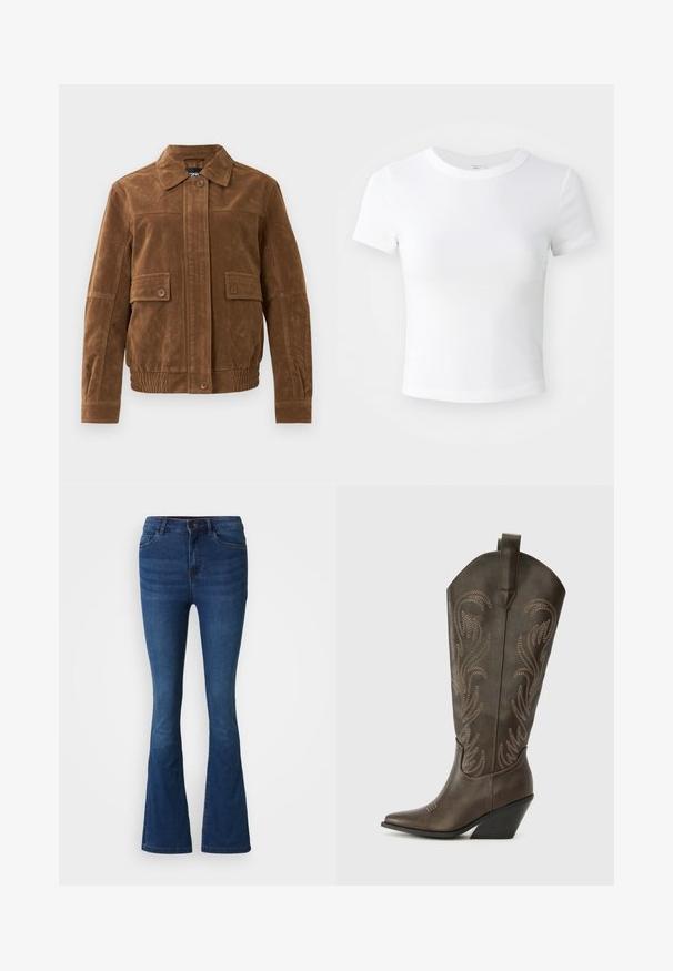 Brun ruskindjakke med spids krave, to frontlommer med klap og knapper, elastisk kant og knaplukning foran.; Simpel hvid kortærmet cropped t-shirt med rund halsudskæring, præsenteret på en neutral lys baggrund.; Mørkeblå denim flare jeans med for- og baglommer, knap- og lynlåslukning samt slidte detaljer på lår og knæ.; Brune læder cowboystøvle med spids tå, kilehæl og dekorativ broderi. Har en høj stok og en trækflap.