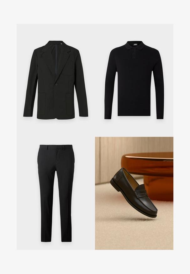 Blazer negro con solapa muesca, un solo botón, dos bolsillos frontales y un bolsillo en el pecho. Hecho de una tela suave con un diseño minimalista.; Camisa polo de manga larga negra con textura acanalada, tapeta de tres botones y un cuello suave. Diseño simple y versátil.; Pantalones negros a medida en una tela suave. Presentan un diseño de pierna recta, pliegues frontales y trabillas para cinturón para un tamaño ajustable.; Zapato mocasín de cuero negro suspendido sobre una alfombra beige con muebles modernos de color ámbar en el fondo.