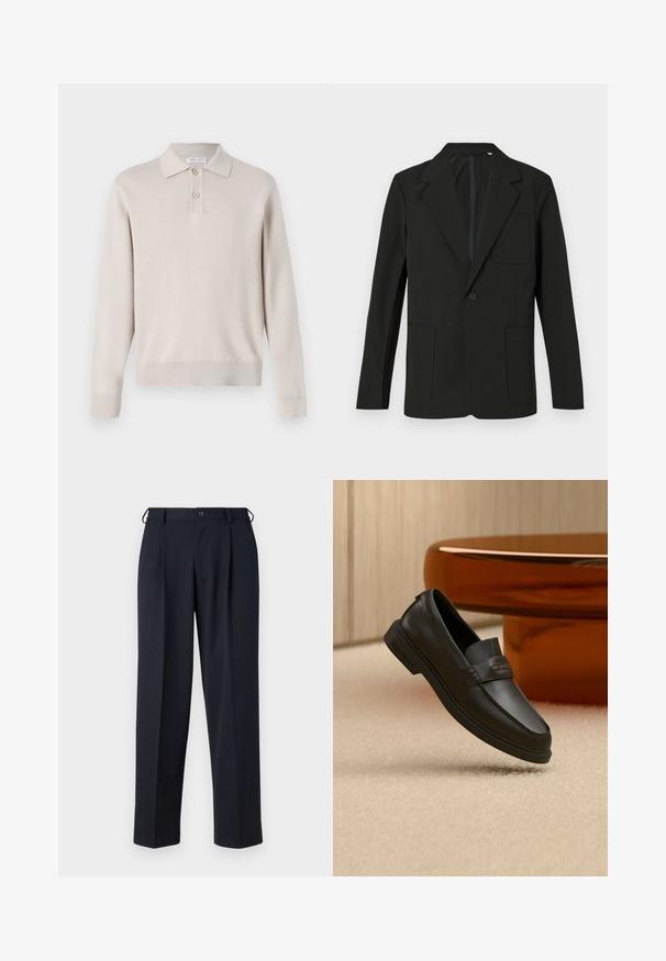 Sort blazer med klapkrave, enkelt knap, to frontlommer og en brystlomme. Lavet af glat stof med et minimalistisk design.; Lys beige langærmet polo skjorte lavet af blødt materiale. Har krave, tre-knaps lukning og ribbede manchetter og kant.; Marineblå skræddersyede bukser med knap- og lynlåslukning foran, bæltestropper og sidelommer, vist på en hvid baggrund.; Sort lædersko uden snørebånd med syede detaljer, forhøjet hælkappe og flad gummisål, placeret over en blød beige overflade.