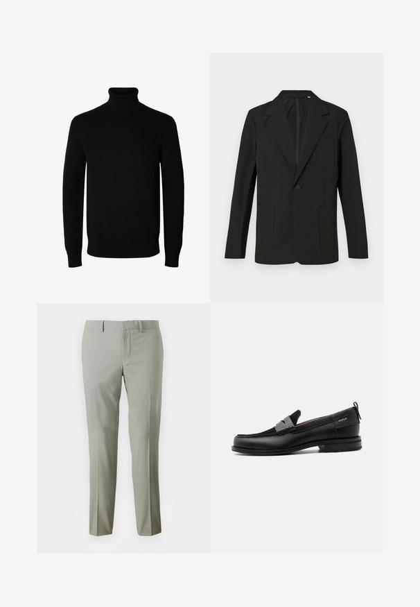 Sort blazer med klapkrave, enkelt knap, to frontlommer og en brystlomme. Lavet af glat stof med et minimalistisk design.; Sort langærmet rullekrave sweater med rib manchetter og kant, vist på en ensartet hvid baggrund.; Lys grå bukser med skræddersyet pasform, der har glat stof, lige ben og en ensfarvet talje uden synlig hardware.; Sort læderloafer med grå remdetalje, lav hæl og tekstureret sål, mærket med "HUGO" i guld på siden.