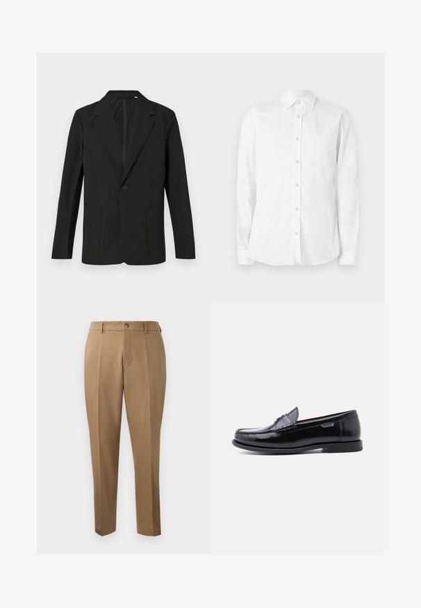 Blazer negro con solapa muesca, un solo botón, dos bolsillos frontales y un bolsillo en el pecho. Hecho de una tela suave con un diseño minimalista.; Camisa blanca de manga larga con botones, hecha de algodón. Presenta un cuello puntiagudo y un pequeño logo bordado en el pecho. Textura suave.; Pantalones marrones a medida con corte recto, pinzas simples, trabillas para cinturón y cierre frontal con botón. Tela suave con una textura mate.; Mocasines de cuero negro con acabado brillante, que presentan un diseño cosido en la puntera y una suela baja de goma negra texturizada.