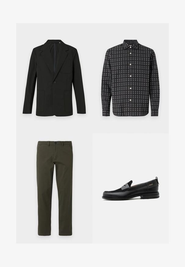 Sort blazer med klapkrave, enkelt knap, to frontlommer og en brystlomme. Lavet af glat stof med et minimalistisk design.; Sort langærmet skjorte med knap-lukning og hvidt ternet mønster samt hvide knapper, præsenteret fladt på en hvid baggrund.; Olivengrønne, lige ben bukser lavet af en blanding af bomuldsstof. Har en lynlås foran, bæltesløjfer og to sidelommer. Glat tekstur.; Sort læderloafer med grå remdetalje, lav hæl og tekstureret sål, mærket med "HUGO" i guld på siden.
