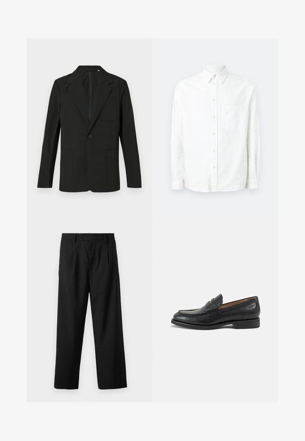 Zwarte blazer met een gelapte revers, één knoop, twee voorzakken en een borstzak. Gemaakt van gladde stof met een minimalistisch ontwerp.; Witte lange mouwen knoopshirt gemaakt van lichtgewicht stof. Heeft een voorzak, klassieke kraag en een subtiele textuur.; Zwarte broek met een rechte snit, voorzien van een enkele knoopsluiting, twee voorzakken en een gladde, lichte stoftextuur.; Zwarte leren herenloafer met gestikte details, lage gestapelde hak en een smalle band over de bovenzijde, zijaanzicht op een witte achtergrond.