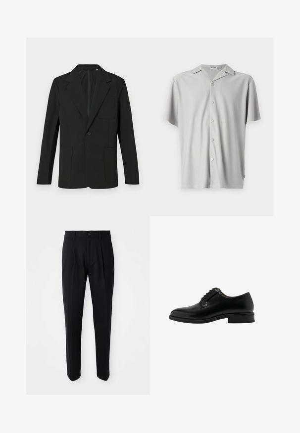 Sort blazer med klapkrave, enkelt knap, to frontlommer og en brystlomme. Lavet af glat stof med et minimalistisk design.; Kortærmet, lys grå skjorte med knapper lavet af ribbet stof, med en afslappet pasform, krave og fem metalknapper ned ad fronten.; Sorte skræddersyede bukser med frontfald, knaplukning og bæltestropper, præsenteret på en hvid baggrund.; Sort lædersko til mænd med lukket snørelukning, lav stabelhæl og glat rundet tå, vist i højresideprofil.