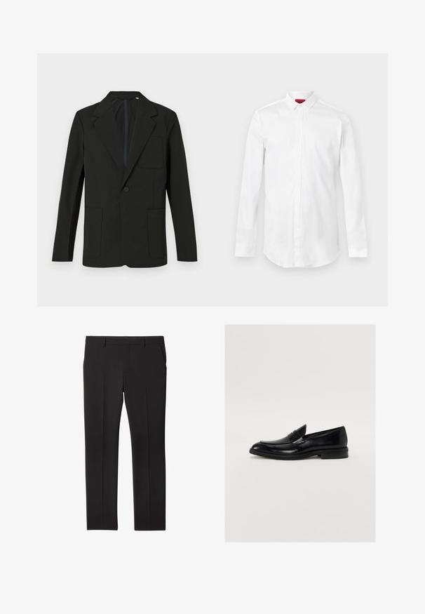 Blazer noir avec un revers cranté, un bouton unique, deux poches avant et une poche poitrine. Fabriqué en tissu lisse avec un design minimal.; Chemise blanche à manches longues avec col pointu et patte de boutonnage cachée, présentée sur un fond clair uni.; Pantalon noir sur mesure avec passants de ceinture, poches avant, et coupe droite, posé à plat sur un fond blanc.; Mocassin en cuir noir avec une pointe arrondie, des coutures discrètes et une finition lisse. Doté d'un talon bas empilé et d'une sangle sur le cou-de-pied.