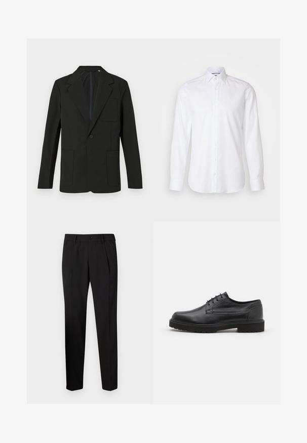 Schwarzer Blazer mit Reverskragen, einem Knopf, zwei Fronttaschen und einer Brusttasche. Hergestellt aus glattem Stoff mit einem minimalistischen Design.; Weißes Langarmhemd aus Baumwolle mit einem Button-Down-Kragen, Vorderknöpfen und einem leicht abgerundeten Saum. Glatte, schlichte Textur.; Schwarze maßgeschneiderte Hose mit geradem Schnitt, ausgestattet mit einem elastischen Bund, einem einzigen Knopfverschluss und zwei vorderen Falten für zusätzliche Details.; Schwarzer Lederschuh mit abgerundeter Zehenpartie, glatter Oberfläche und minimaler Nahtführung. Verfügt über eine Schnürverschluss und eine dicke, strukturierte Gummisohle.