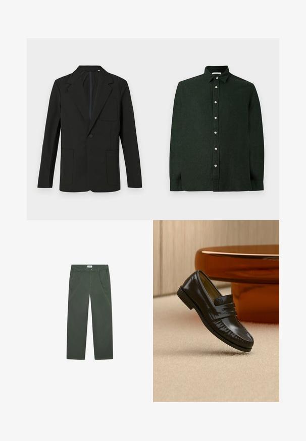 Blazer negro con solapa muesca, un solo botón, dos bolsillos frontales y un bolsillo en el pecho. Hecho de una tela suave con un diseño minimalista.; Camisa de manga larga verde oscuro hecha de un tejido texturizado, con un cierre frontal de botones y un collar clásico. Diseño liso sin patrones.; Pantalones de algodón verde oscuro con un diseño de pierna recta, bolsillos frontales y cierre de botón en la cintura. Textura suave, sin patrones.; Mocasín de cuero negro brillante con detalle de correa, colocado sobre una alfombra beige cerca de una mesa de café redonda marrón en una habitación con iluminación suave.