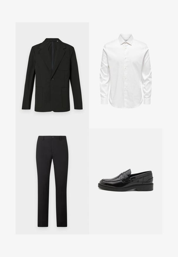 Blazer negro con solapa muesca, un solo botón, dos bolsillos frontales y un bolsillo en el pecho. Hecho de una tela suave con un diseño minimalista.; Camisa de vestir blanca para hombre de manga larga con cuello puntiagudo y fila frontal de botones blancos sobre un fondo liso.; Pantalones negros a medida con diseño de pierna recta, con cierre de botón y trabillas para cinturón. Hechos de tela suave sin patrones visibles.; Mocasines de cuero negro con un acabado suave, punta redondeada, tacón bajo y costura decorativa en la parte delantera. Suela de goma para mayor agarre.
