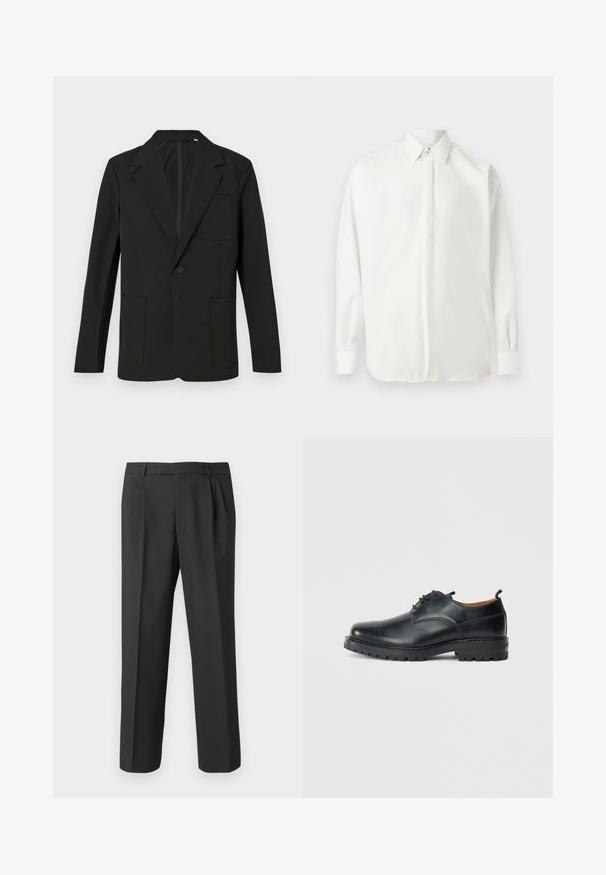 Sort blazer med klapkrave, enkelt knap, to frontlommer og en brystlomme. Lavet af glat stof med et minimalistisk design.; Hvid langærmet skjorte med knapper, spids krave og knapmanchetter, vist fladt på en lysegrå baggrund.; Sorte bukser lavet af glat stof med et lige ben-design, plisseret forside og standard linning med bæltestropper.; Sorte læder derby-sko med en glat overflade, rund tå, snøre-design og en tyk, robust gummisål.