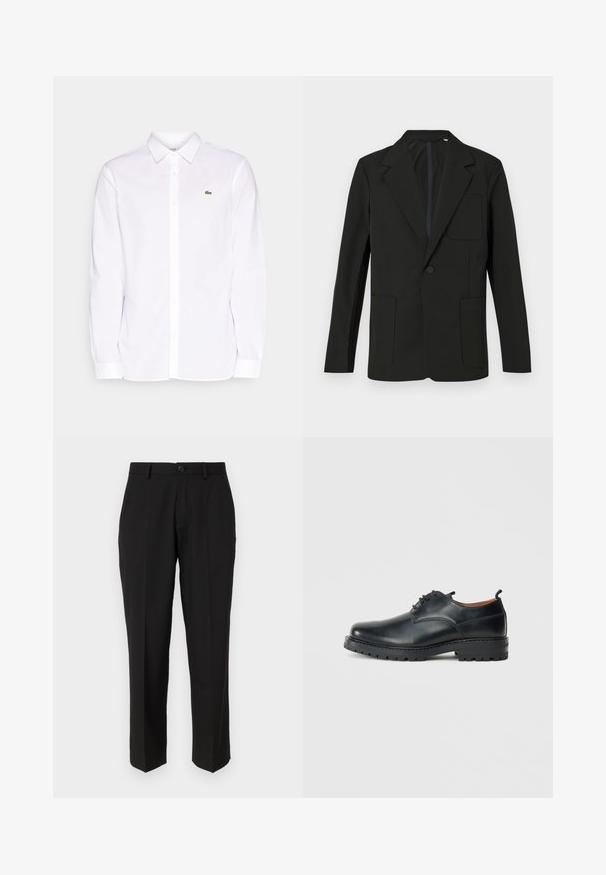 Blazer negro con solapa muesca, un solo botón, dos bolsillos frontales y un bolsillo en el pecho. Hecho de una tela suave con un diseño minimalista.; Camisa blanca de manga larga hecha de algodón, que presenta un collar tipo button-down, un logo bordado verde en el lado izquierdo del pecho y puños rectos.; Pantalones negros de tela suave, con un diseño de pierna recta, bolsillos delanteros, un cierre de botón y sin patrones visibles.; Zapatos derby de cuero negro con una textura suave, punta redondeada, diseño de cordones y una suela de goma gruesa y resistente.