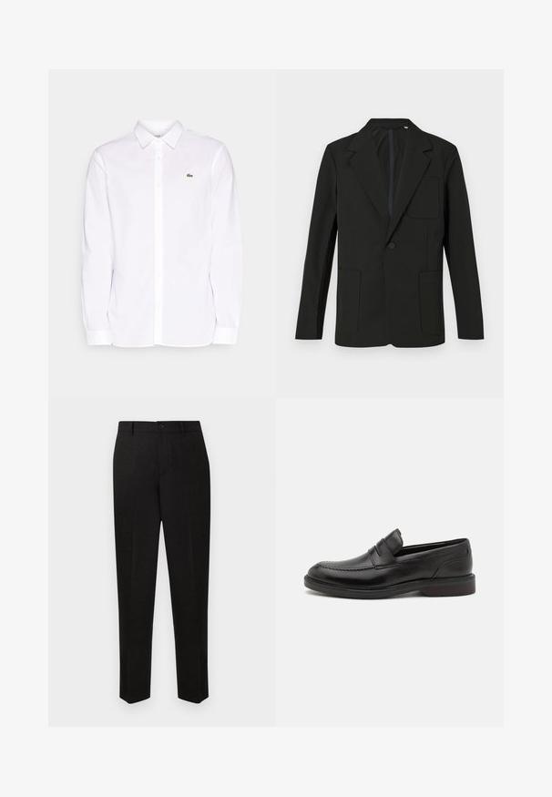 Schwarzer Blazer mit Reverskragen, einem Knopf, zwei Fronttaschen und einer Brusttasche. Hergestellt aus glattem Stoff mit einem minimalistischen Design.; Weißes Langarmhemd aus Baumwolle mit Button-Down-Kragen, einem grünen gestickten Logo auf der linken Brust und geraden Manschetten.; Schwarze, maßgeschneiderte Hosen mit geradem Bein, ausgestattet mit einem Knopfverschluss und feiner Textur. Keine sichtbaren Muster oder Akzente.; Schwarze Lederloafers mit genähter Zehenpartie, zwei horizontalen Riemen über dem Blatt und einem Holzabsatz. Glatte Textur und abgerundete Form.