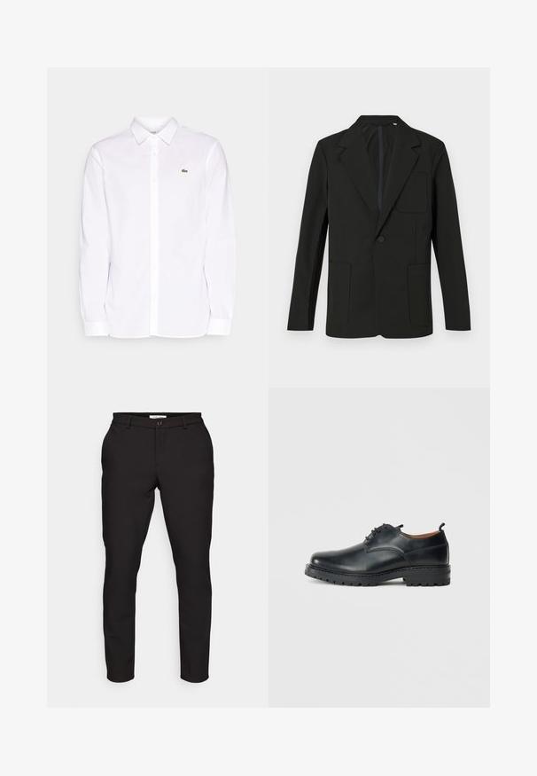 Sort blazer med klapkrave, enkelt knap, to frontlommer og en brystlomme. Lavet af glat stof med et minimalistisk design.; Hvid langærmet skjorte lavet af bomuld, med krave der kan knappes ned, et grønt broderet logo på venstre bryst og lige manchetter.; Sorte skræddersyede bukser med slim fit. Har lynlås, knaplukning, sidelommer og et glat, let stof.; Sorte læder derby-sko med en glat overflade, rund tå, snøre-design og en tyk, robust gummisål.
