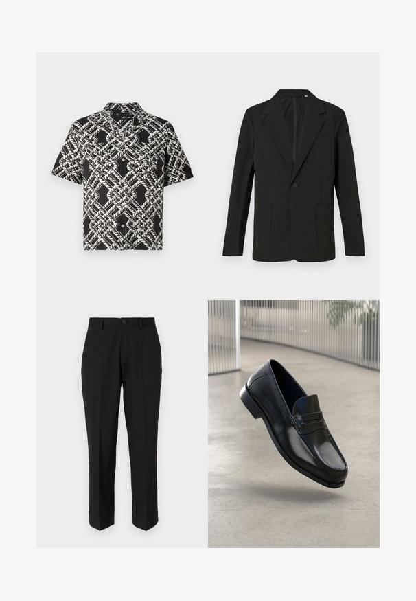 Blazer negro con solapa muesca, un solo botón, dos bolsillos frontales y un bolsillo en el pecho. Hecho de una tela suave con un diseño minimalista.; Camisa de botones de manga corta negra con un patrón abstracto geométrico de hojas blancas y dos bolsillos en el pecho.; Pantalones negros de tela suave, con un diseño de pierna recta, bolsillos delanteros, un cierre de botón y sin patrones visibles.; Mocasines de cuero negro con acabado liso, punta redondeada, costuras decorativas y una suela ligeramente elevada.