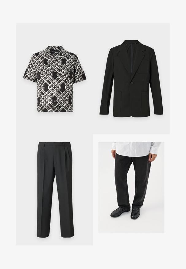 Schwarzer Blazer mit Reverskragen, einem Knopf, zwei Fronttaschen und einer Brusttasche. Hergestellt aus glattem Stoff mit einem minimalistischen Design.; Schwarz kurzärmliges Hemd mit Knopfleiste, das ein weißes abstraktes geometrisches Blattmuster und zwei Brusttaschen aufweist.; Schwarze Hose aus glattem Stoff mit geradem Bein, plisseeartiger Vorderseite und Standardbund mit Gürtelschlaufen.; Schwarze Jeans kombiniert mit glänzenden schwarzen Slippern. Das Hemd ist weiß mit dünnen vertikalen Streifen, hat lange Ärmel und einen geknöpften Kragen.