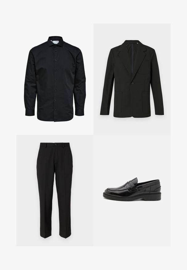 Blazer negro con solapa muesca, un solo botón, dos bolsillos frontales y un bolsillo en el pecho. Hecho de una tela suave con un diseño minimalista.; Camisa de hombre negra de manga larga con botones delanteros y cuello clásico, hecha de tela lisa.; Pantalones negros de tela suave, con un diseño de pierna recta, bolsillos delanteros, un cierre de botón y sin patrones visibles.; Mocasines de cuero negro con un acabado suave, punta redondeada, tacón bajo y costura decorativa en la parte delantera. Suela de goma para mayor agarre.