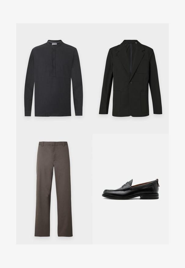 Blazer noir avec un revers cranté, un bouton unique, deux poches avant et une poche poitrine. Fabriqué en tissu lisse avec un design minimal.; Chemise noire à manches longues avec col mandarin et patte de boutonnage à quatre boutons, présentée sur un fond blanc uni.; Pantalon en coton marron avec une coupe droite, doté de passants de ceinture et une texture lisse. Aucun motif visible ni détail de quincaillerie.; Mocassin homme en cuir noir avec couture moc toe, bride penny, col texturé et petit talon empilé sur fond blanc.